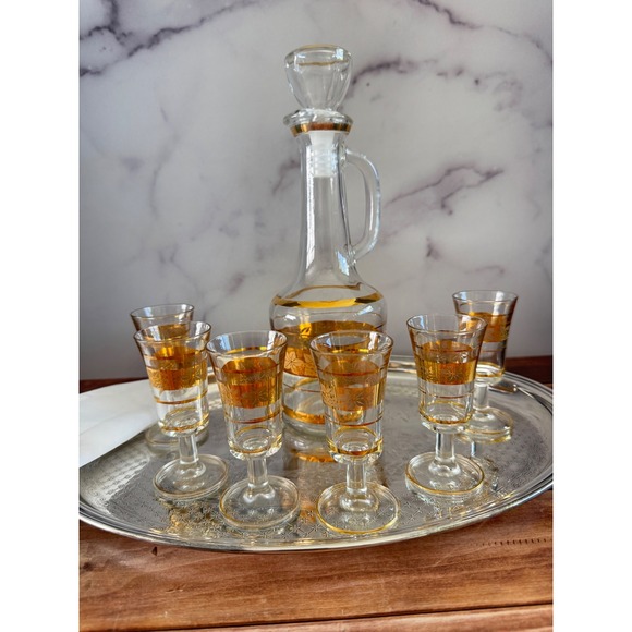 Other - Mid Century Decanter Set Gold Rim Glasses Vintage Barware